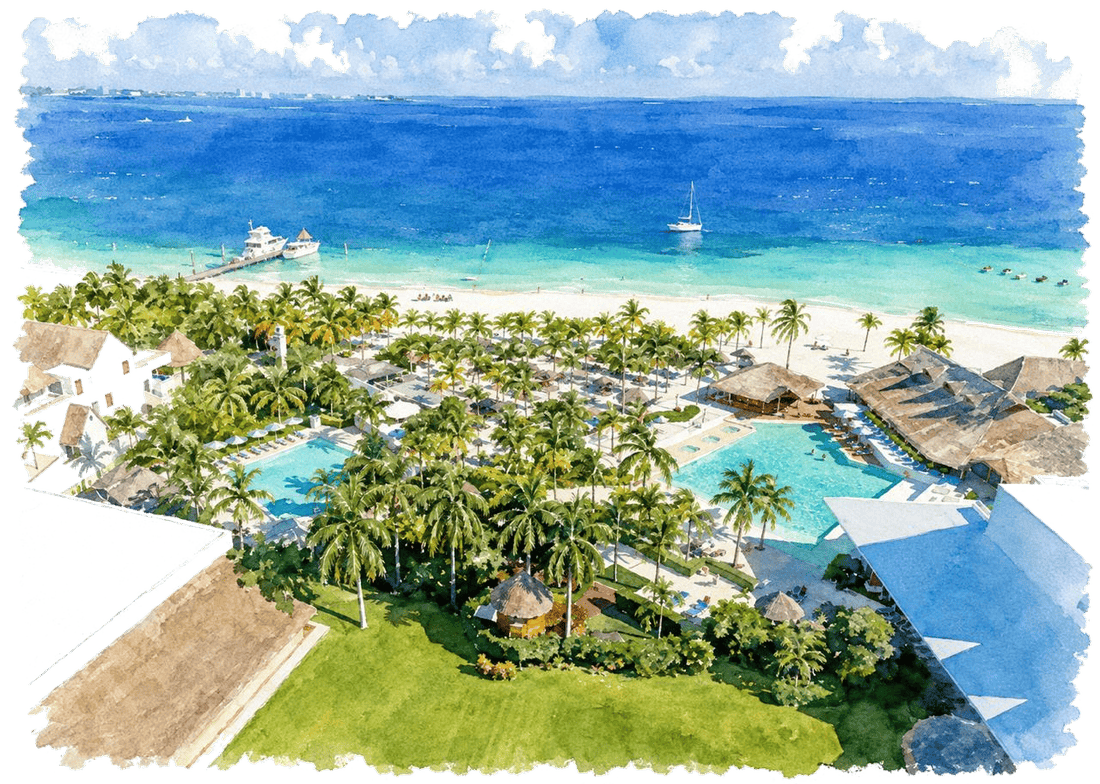 Watercolor illustration of the Presidente InterContinental Cancún, its pools, palms and private beach